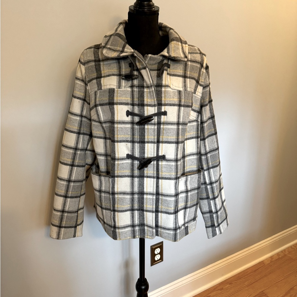 Old Navy Plaid Pea Coat - Gray and Cream